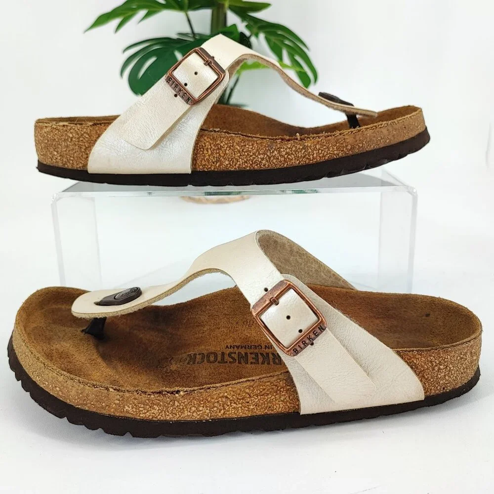 Birkenstock Women's Gizeh Graceful Pearl White Leather Sandal Size 7